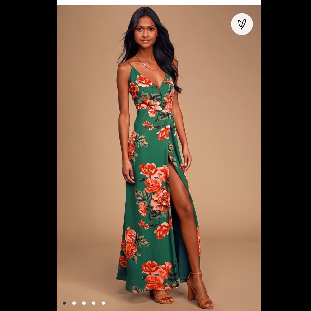 Lulu’s Dark Green Floral Wrap Maxi Dress